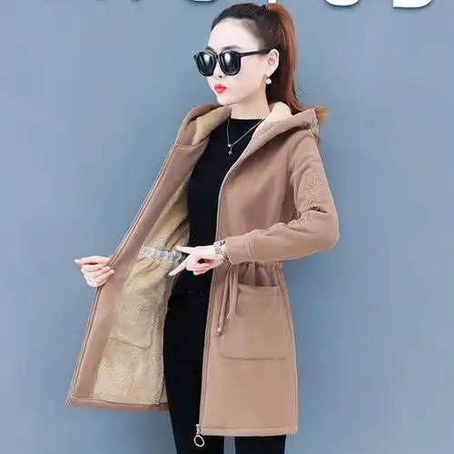 中长款加绒开衫羊羔毛外套女秋冬季加厚新款收腰显瘦连帽上衣htyxl939