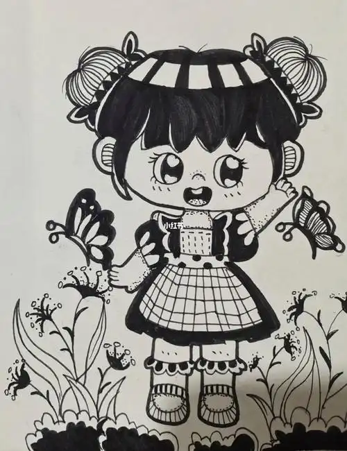黑白线描小女孩