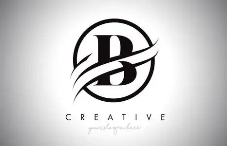 字母图标标志设计与圆圈swoosh边框和黑色. 创意b设计矢量插图.照片