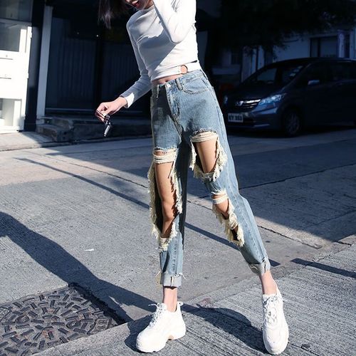 区森有洞的乞丐裤夏天破洞牛仔裤女烂洞洞裤大破洞直筒牛仔裤女学生春