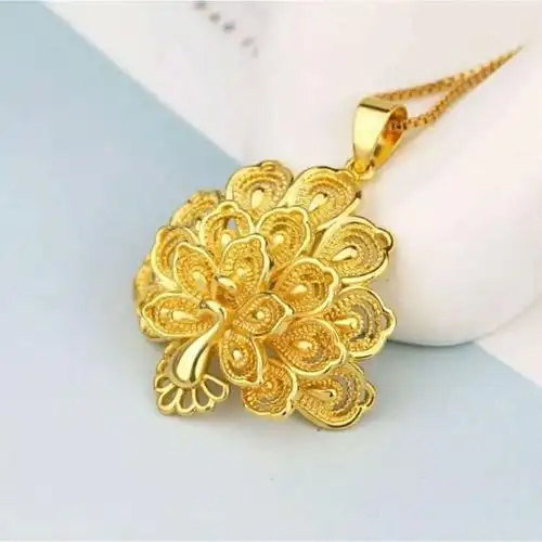 越南沙金开屏孔雀花吊坠 24k金电镀首饰锁骨项挂坠 仿黄金饰品