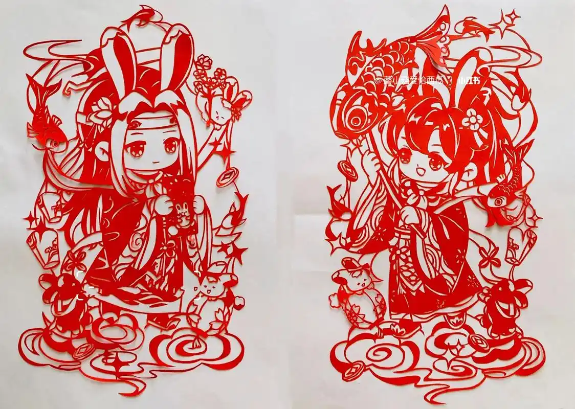 【剪纸刻纸】魔道祖师魏无羡蓝忘机q版人物  原创底稿指路-sying