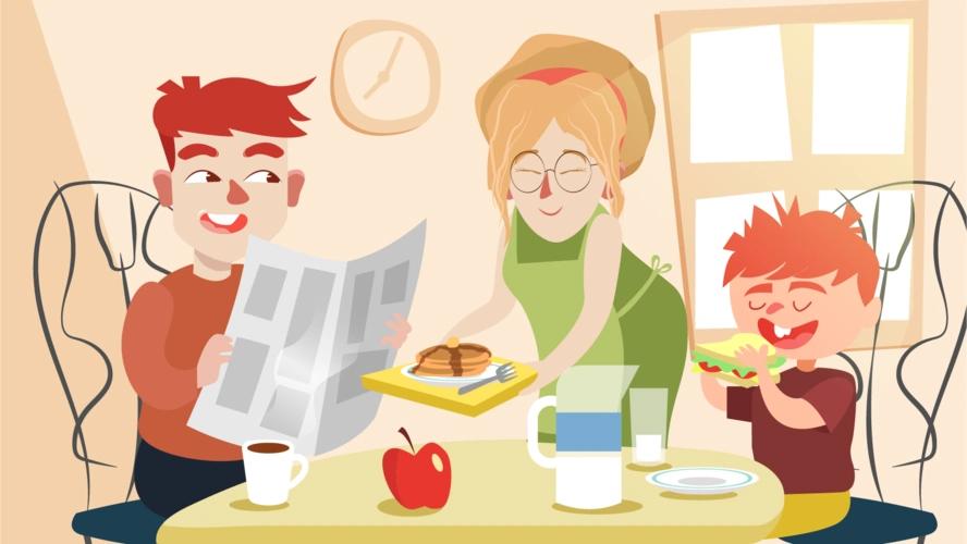 家庭早餐场景卡通手绘插画设计素材