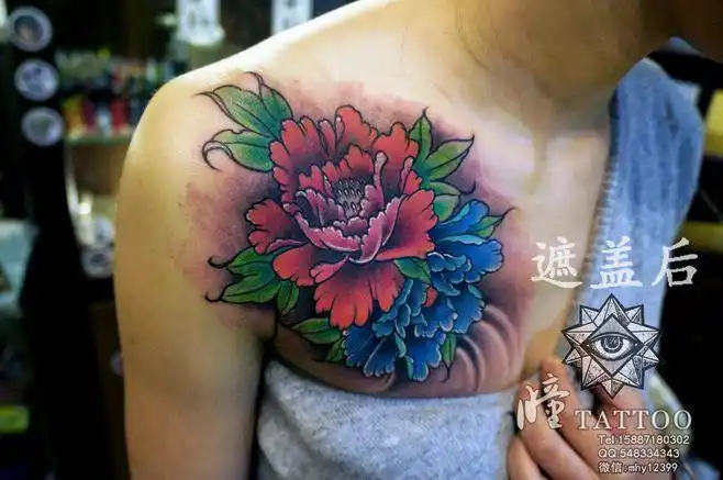 胸口传统牡丹遮盖