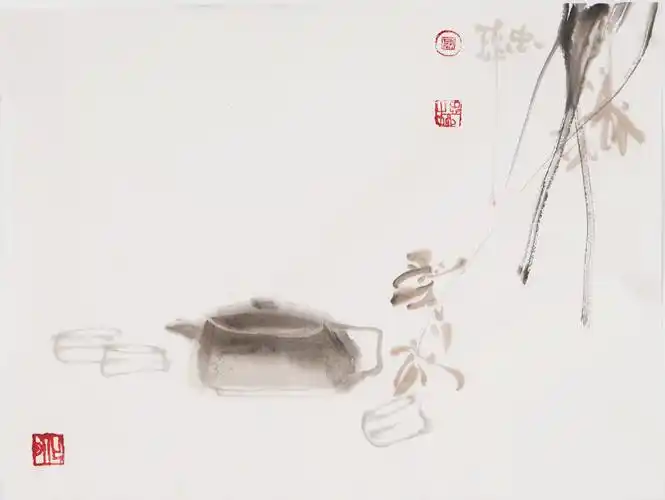 禅意趣味国画手绘小品茶壶字画书房客厅写意水墨花鸟廖忠柳00006