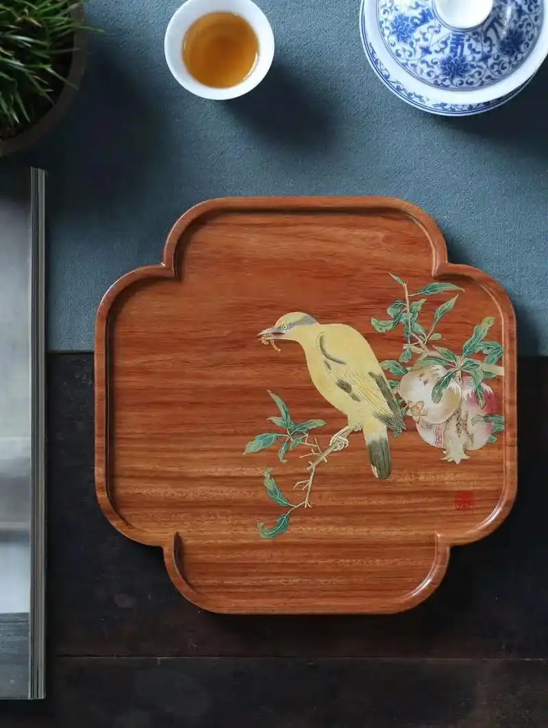 缅甸花梨干泡茶盘|花鸟图 独特方形葵角设计,文雅人士纯手工 - 抖音
