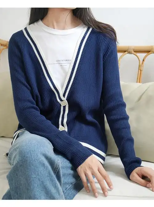 诸葛大力同款年轻流行秋新款慵懒风宽松百搭撞色长袖针织开衫女装简约