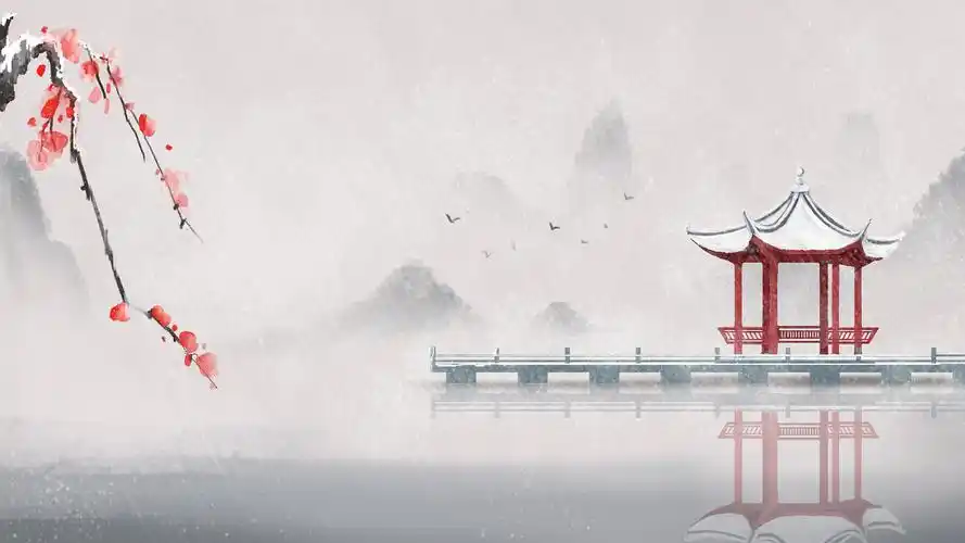 中国风古风亭子山朗诵水墨立冬冬天梅花风景4k视频背景