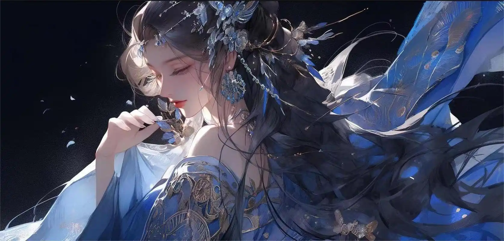 蓝色系横版古风插画:水袖舞姬唱今生,有幸流年曾相识.