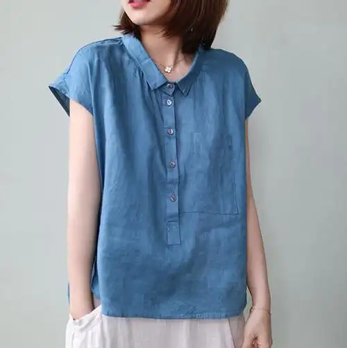 夏季亚麻t恤女宽松显瘦口袋上衣女新款纯色休闲棉麻短袖