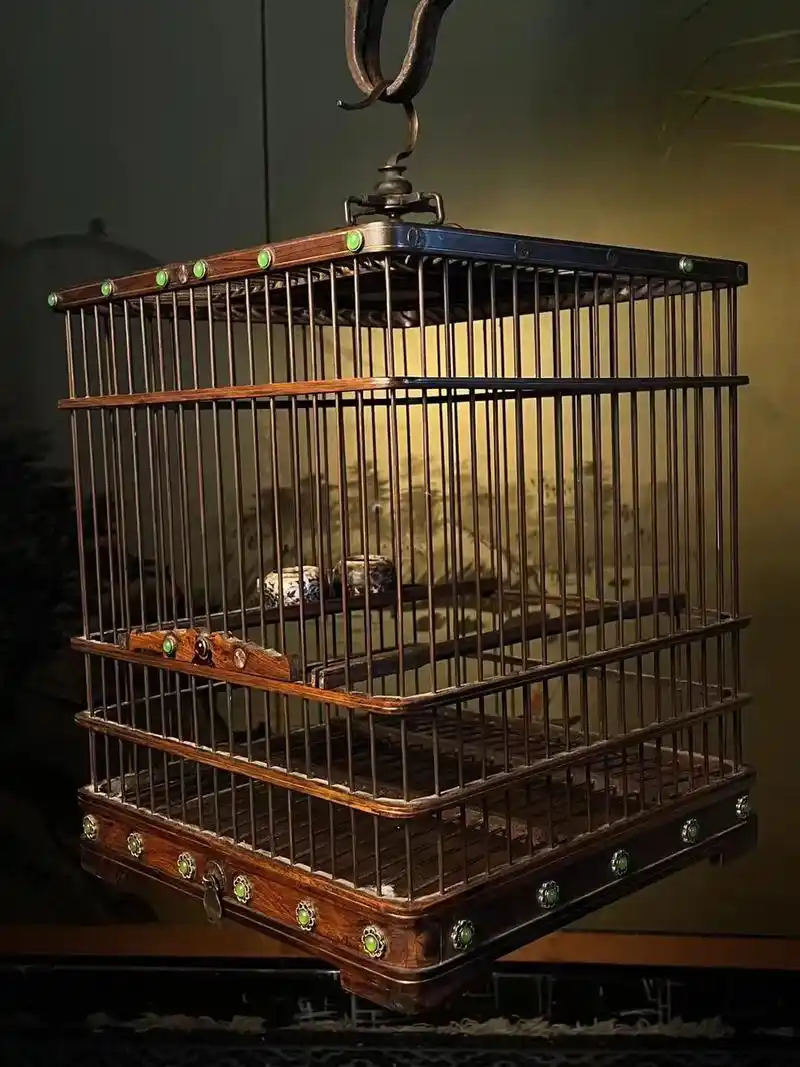 旧藏红木鸟笼传统全手工制作嵌宝石大鸟笼挂件