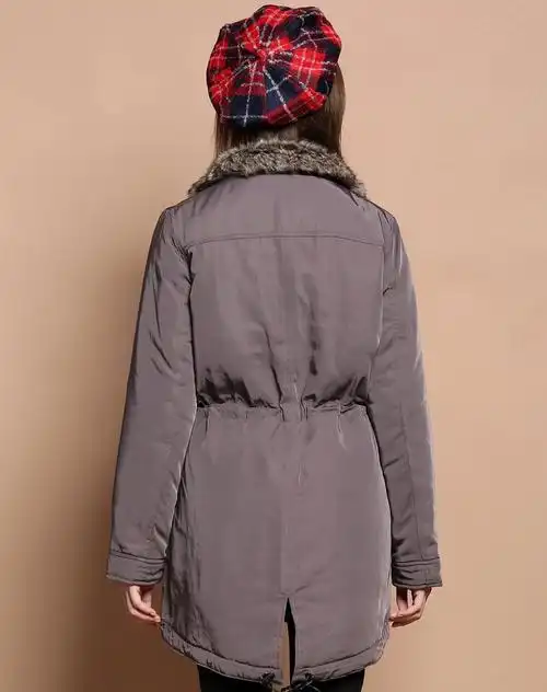 女装灰褐色可拆帽收腰外套