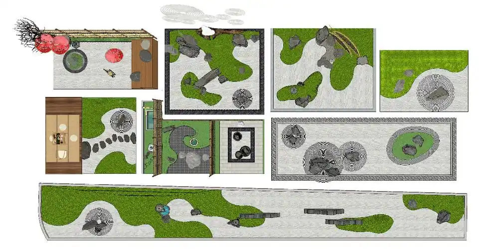 中式庭院中庭枯山水景石小品su模型 庭院景观su模型