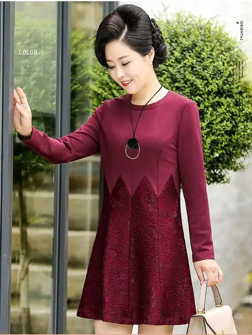 【早秋新品】福玛玛2018秋新款妈妈装中老年女装休闲蕾丝显瘦高腰a字