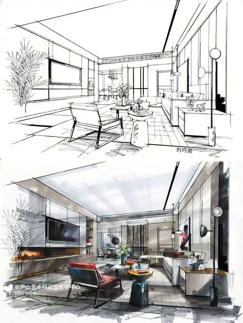 室内设计  #一点斜透视  #客厅空间  #客厅手绘  #马克笔上色  #线稿