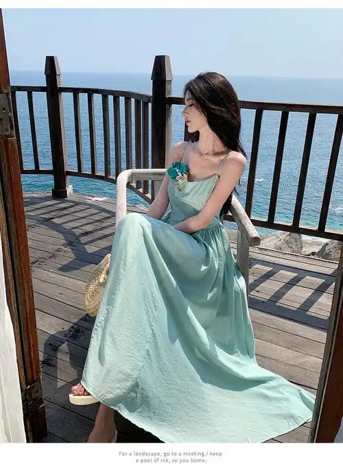 蓝绿色大摆气质连衣裙仙气度假显瘦高级感长裙 - 17网