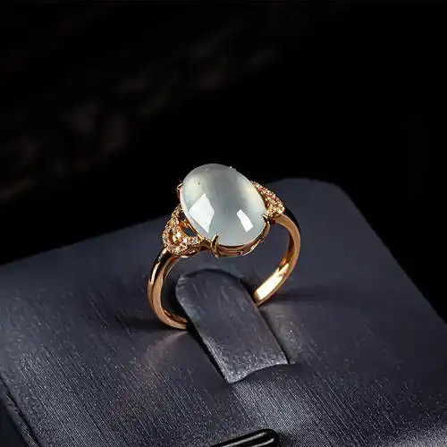 天然a货翡翠戒指冰种戒面蛋面裸石18k金镶嵌女款玉石戒指戒面