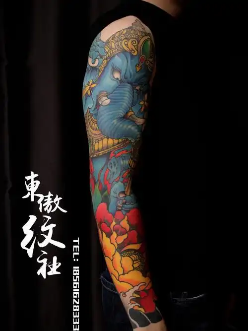 重彩象神花臂_纹身图案手稿图片_东傲纹社的纹身作品集