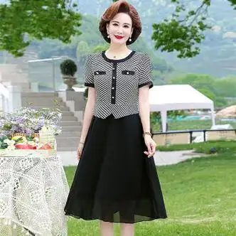 迪贯40岁女人穿的气质连衣裙23年新款中年夏装女时尚减龄千鸟格假黑色