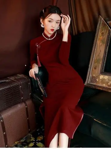 酒红色旗袍气质中长款显瘦复古老上海中国风新娘敬酒服连衣裙女春依迪