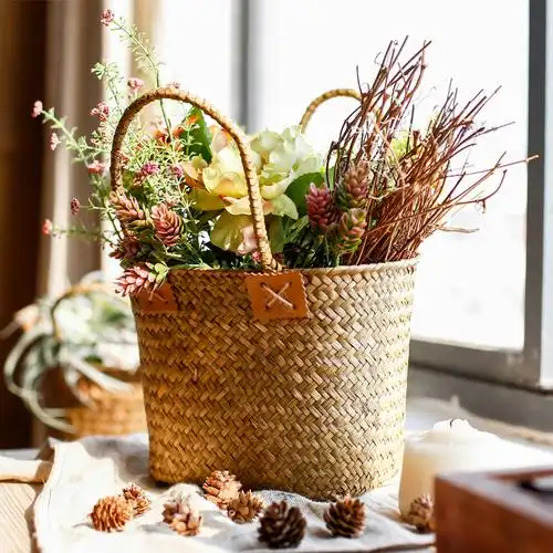 左岸麦田田园乡村藤编花篮家居日用收纳杂物篮挂篮手工草编花篮