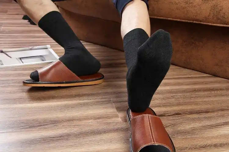 男士正装高档丝光棉宽线条商务春夏季皮鞋中长筒绅士黑色西装袜子