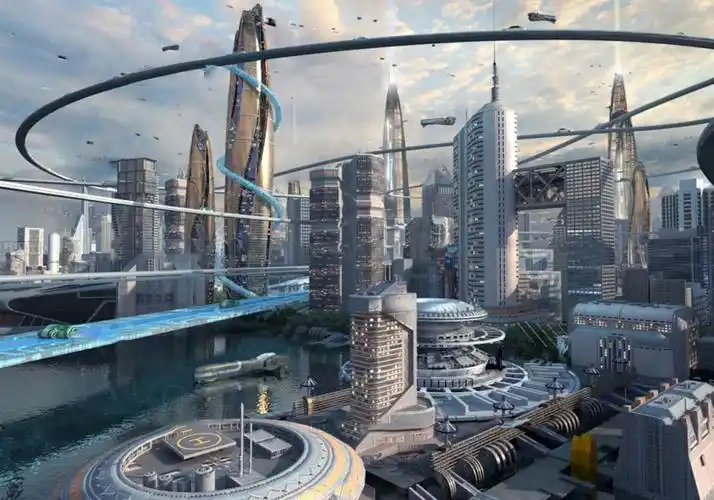 科幻未来城市 鸟瞰 悬浮轨道 鸟瞰cbd