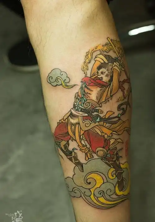 悟空传纹身图片_成品腿部传统国画鬼神宗教孙悟空纹身图案