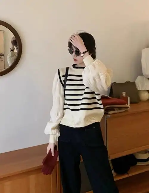 黑白条纹假两件针织上衣女内搭秋冬2023新款韩版软糯短款拼接毛衣