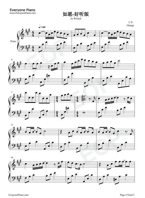 如愿-好听版-王菲五线谱预览1-钢琴谱文件(五线谱,双手简谱,数字谱