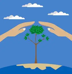 矢量平面样式的两只手,保护树照片