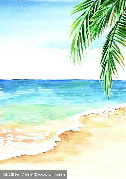 夏日的热带海滩,金色的沙滩,海浪和棕榈叶.手绘水彩插图