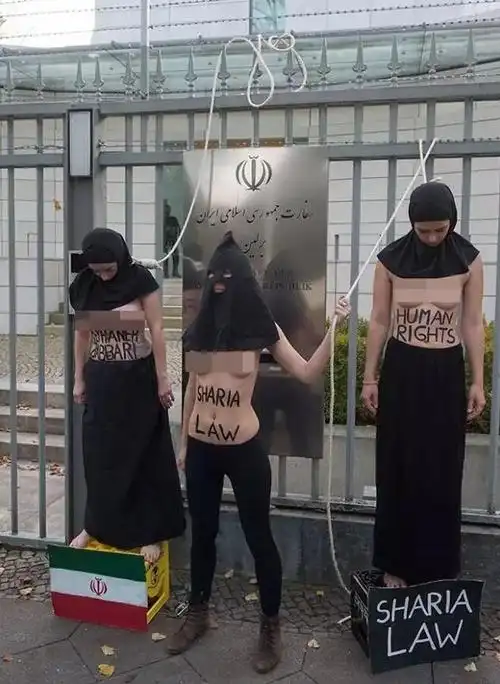 使馆前半裸示威,抗议伊朗女子贾巴里因反抗性侵自卫杀人而被处以绞刑