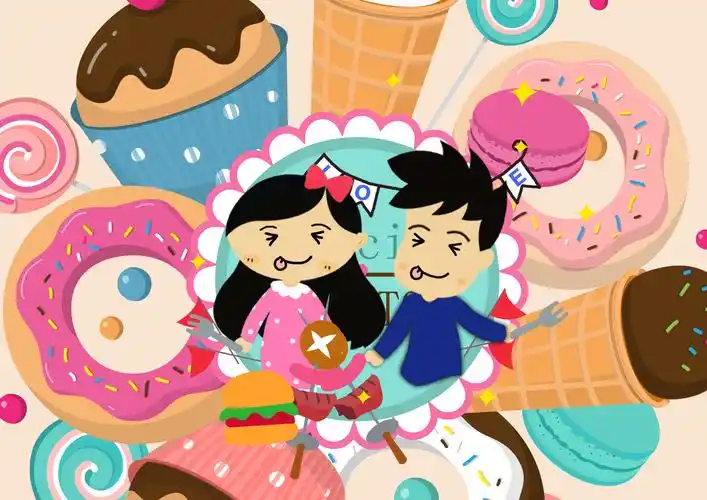 q版人物形象设计手绘插画 甜点点心蛋糕汉堡 开心的吃货