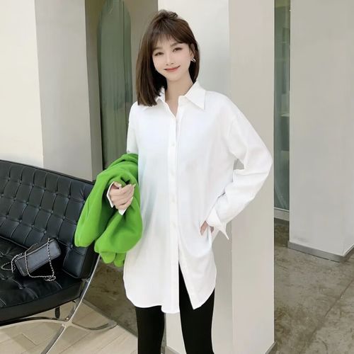 沐悠羽秋冬新款叠穿中长款加绒白色衬衫女搭配卫/衣毛衣内搭打底衬