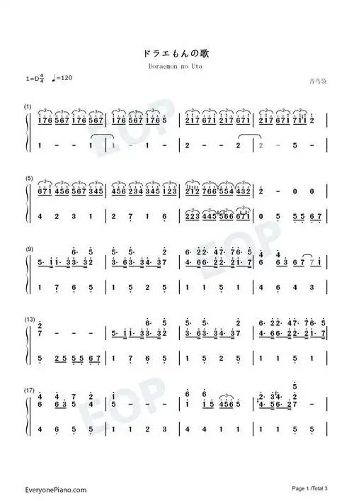 哆啦a梦主题曲钢琴简谱-大杉久美子演唱-看谱啦