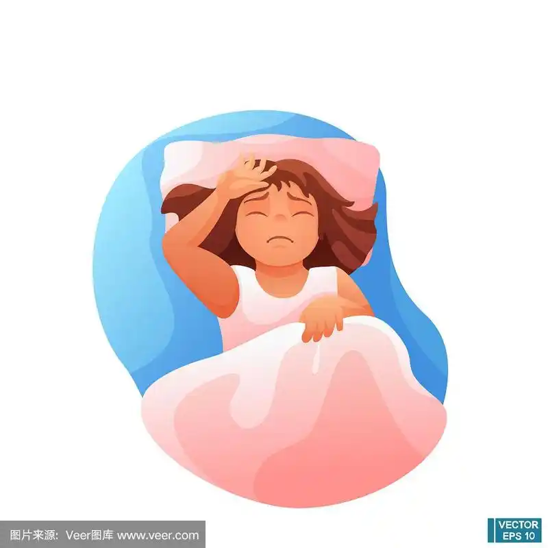 卡通人物悲伤生病的孩子.女孩躺在床上.