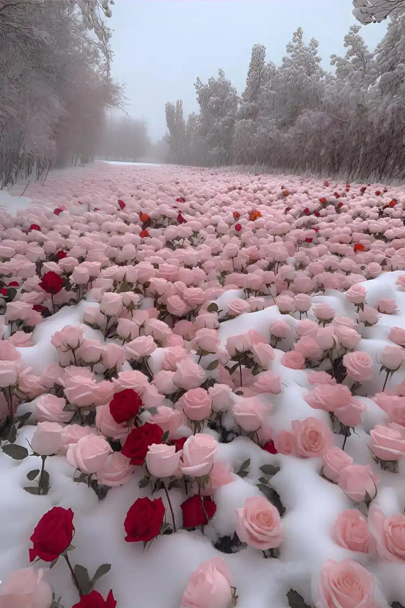 浪漫的雪中玫瑰花海,一定要分享给你喜欢的人#玫瑰花海#雪 # - 抖音