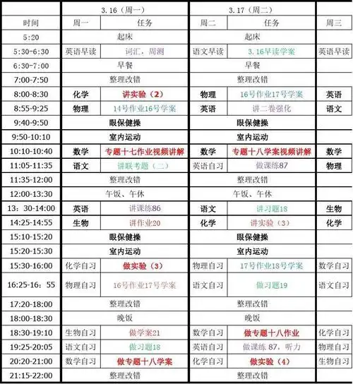 衡水中学居家学习高三二轮复习3.16-3.22理科课表