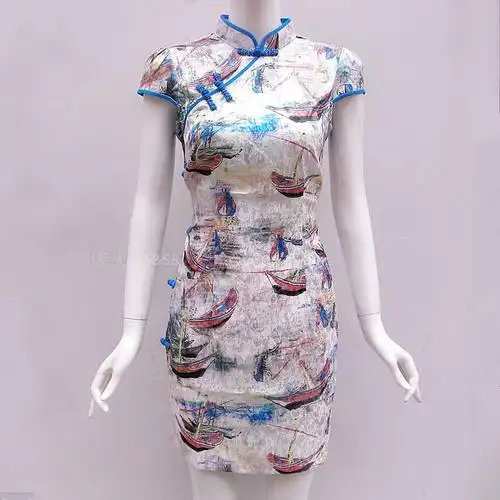 壹美佳人2016夏装新款短袖旗袍连衣裙15101062兰立领古典中式盘扣