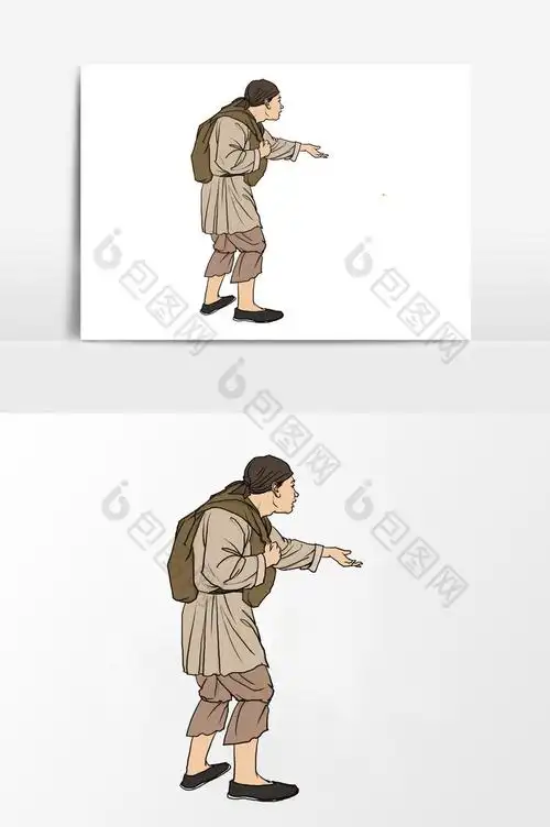 淡彩颜色的古代背行李走路的人