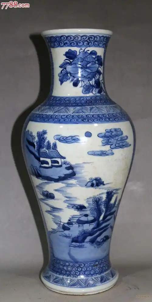 古玩古董古瓷器清康熙青花山水人家赏瓶