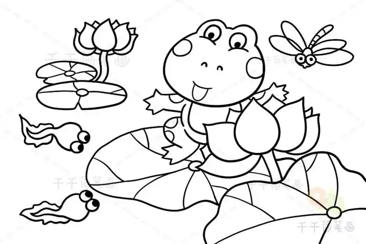 可打印的儿童涂色画 躺在荷叶上赏月的青蛙_幼儿园大班涂色模板简笔画