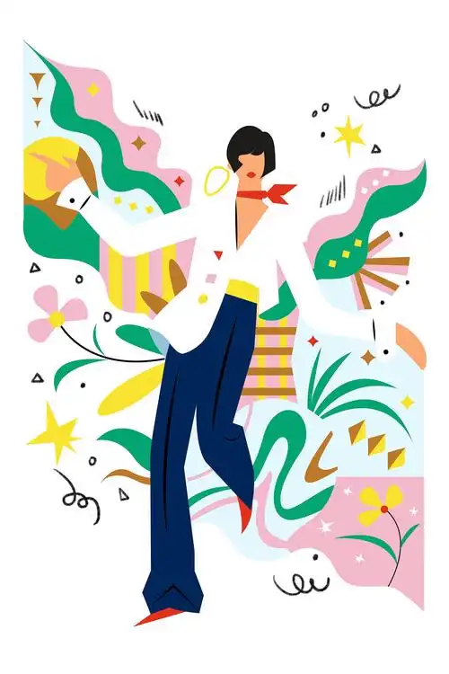 时尚少女植物扁平风插画