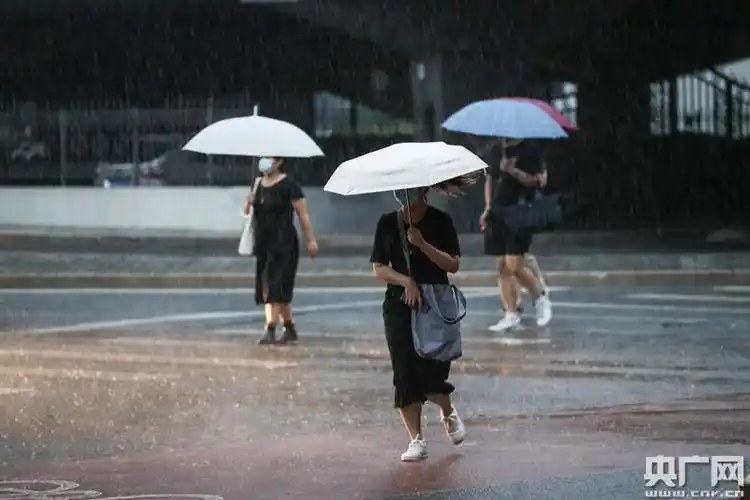 8月12日,北京国贸,行人打伞在雨中穿行(央广网记者 韩靖 摄)