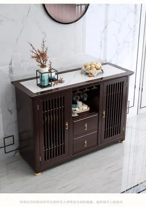 定制新中式实木餐边柜玄关柜客餐厅储物酒柜大理石岩板茶水柜置物架餐
