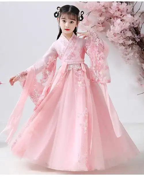儿童中国风超仙连衣裙古风女童公主襦裙唐装女孩新款古装粉色裙子120