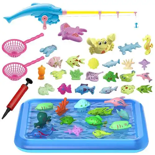 跨境儿童玩具钓鱼玩具磁力鱼竿捞鱼游戏手摇鱼竿带充气水池套装