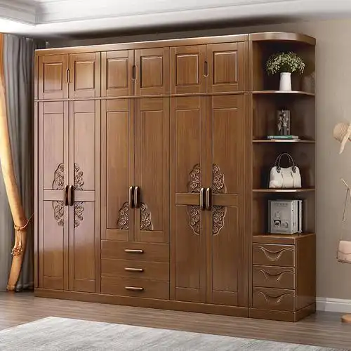 兰秀家居 中式实木衣柜对开门推拉六门大容量衣柜卧室经济橡胶木大