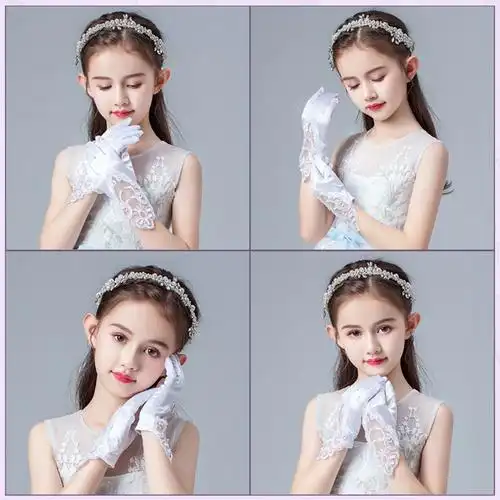 儿童婚纱礼服手套公主女童女孩演出礼仪舞蹈花童生日超弹五指白色》无